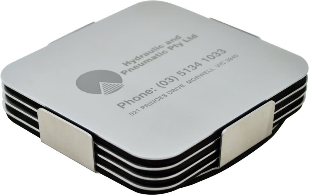 A set of silver coasters stacked together, featuring a sleek design with a logo and contact information.