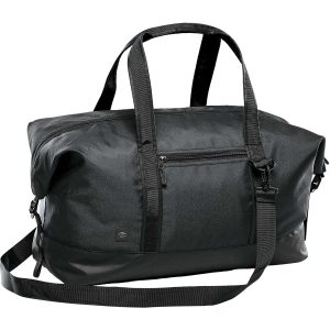 A black duffle bag with sturdy handles, a detachable strap, and a zippered front pocket, featuring a logo.