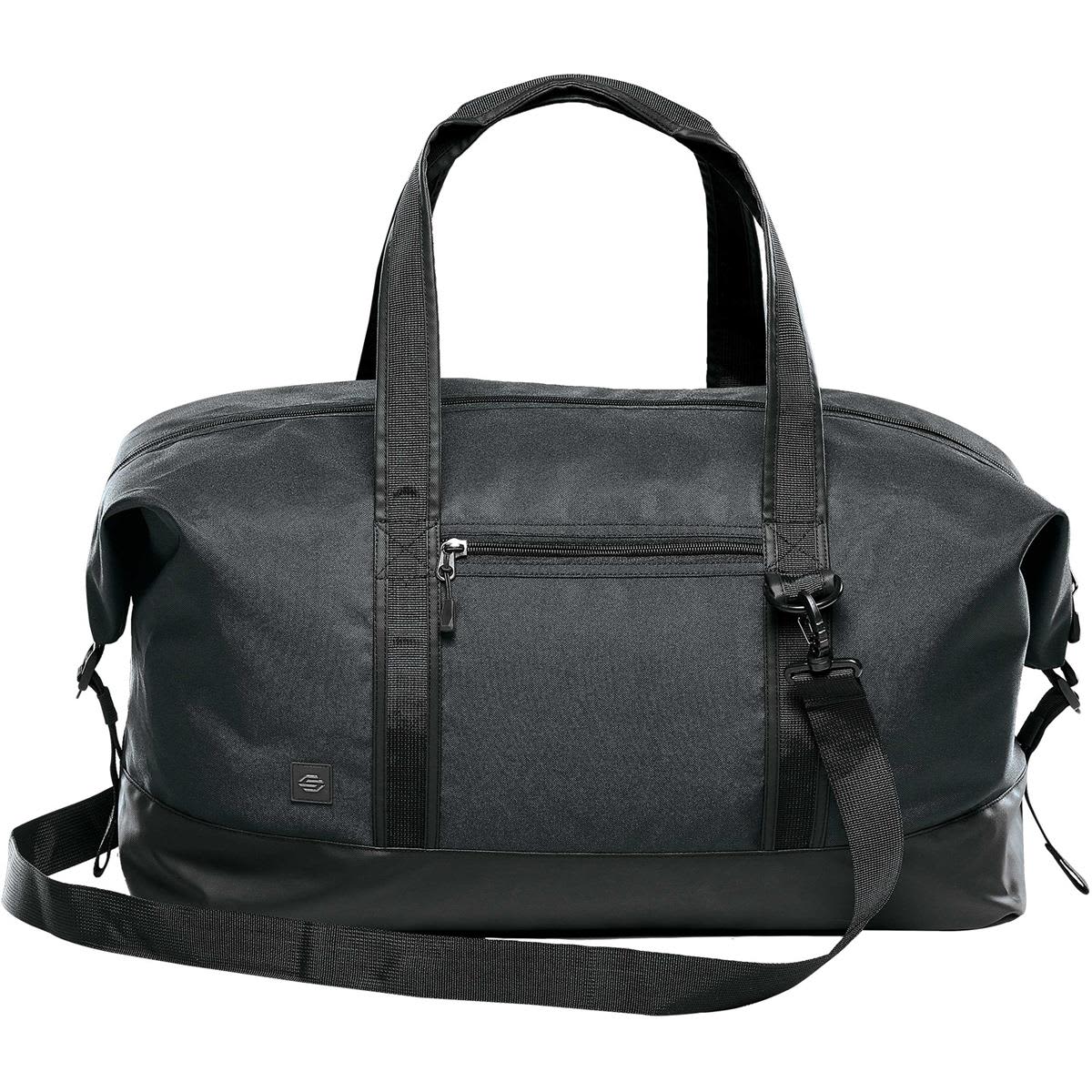A black duffle bag with a zippered pocket, sturdy handles, and a removable shoulder strap. Includes a logo.