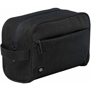 A black toiletry bag with a zippered main compartment and a front pocket, featuring a logo.