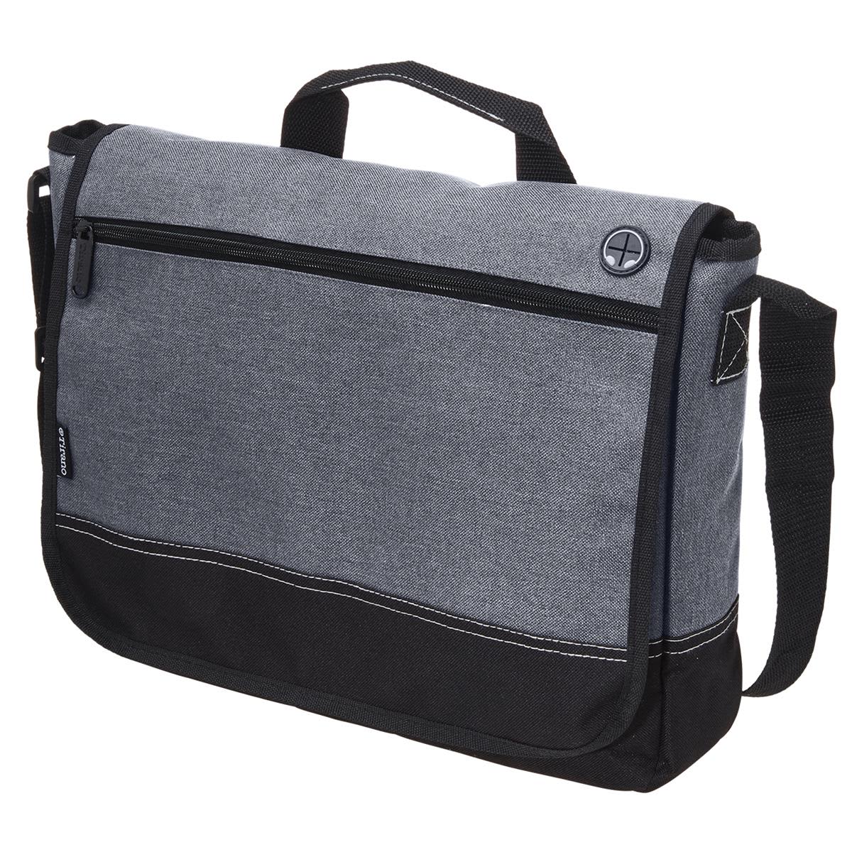 A grey and black laptop satchel with a front pocket and an adjustable shoulder strap, featuring a logo.