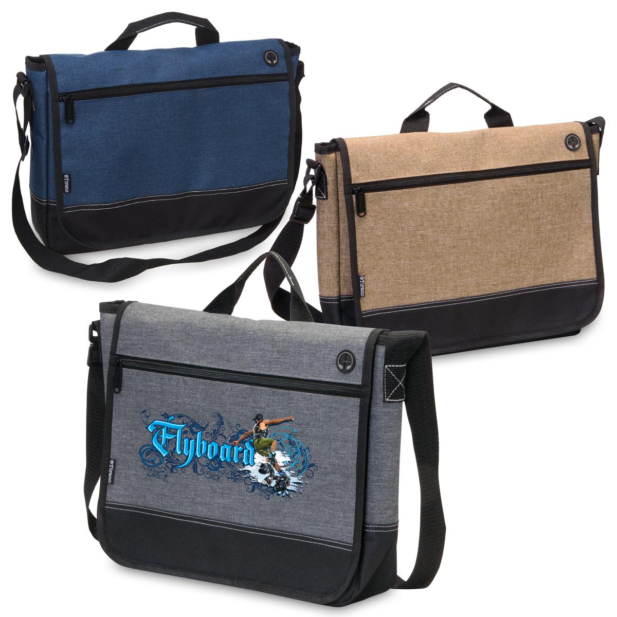 Three laptop satchels in blue, beige, and grey, featuring a logo on one and contrasting black accents.