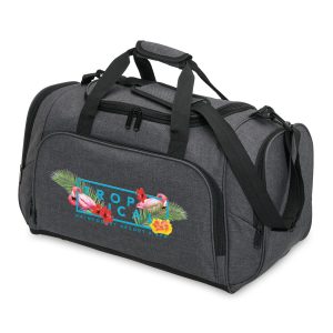 A grey duffle bag with a graphic design featuring tropical elements and a logo. It has dual handles and a shoulder strap.