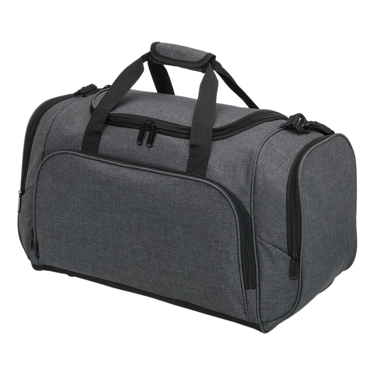 A grey duffle bag with dual handles and a shoulder strap, featuring multiple compartments and a logo.