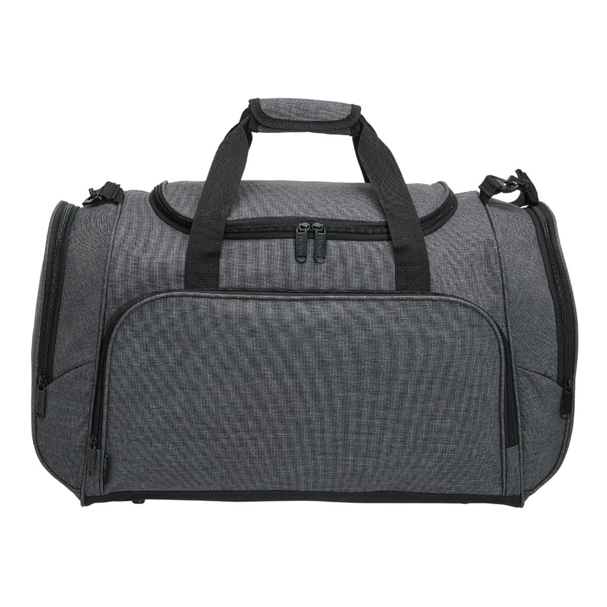 A grey duffle bag with zipped compartments and dual handles, featuring a branding logo.