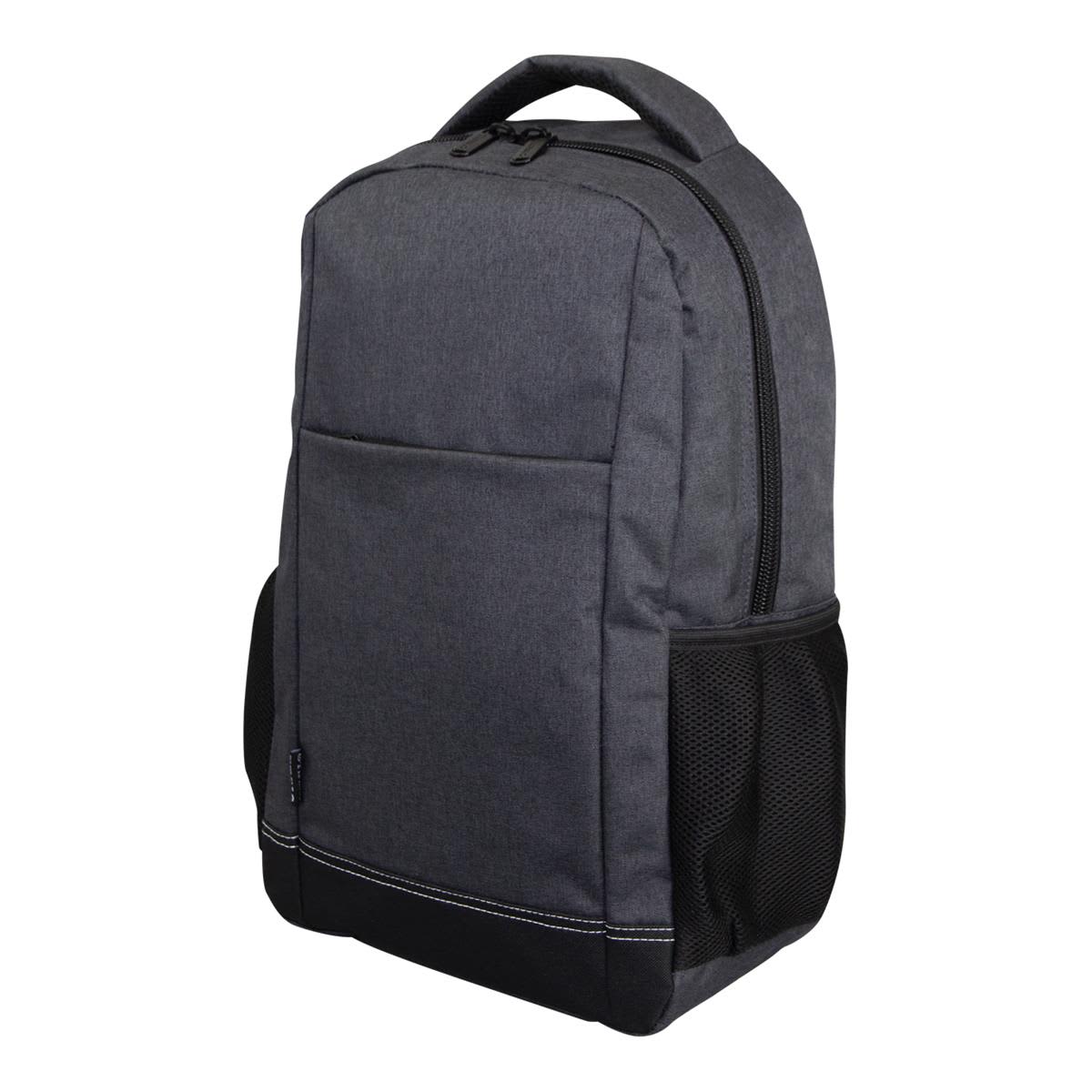 A black and grey laptop backpack with a zipper closure and side mesh pockets. It features a logo on the front.