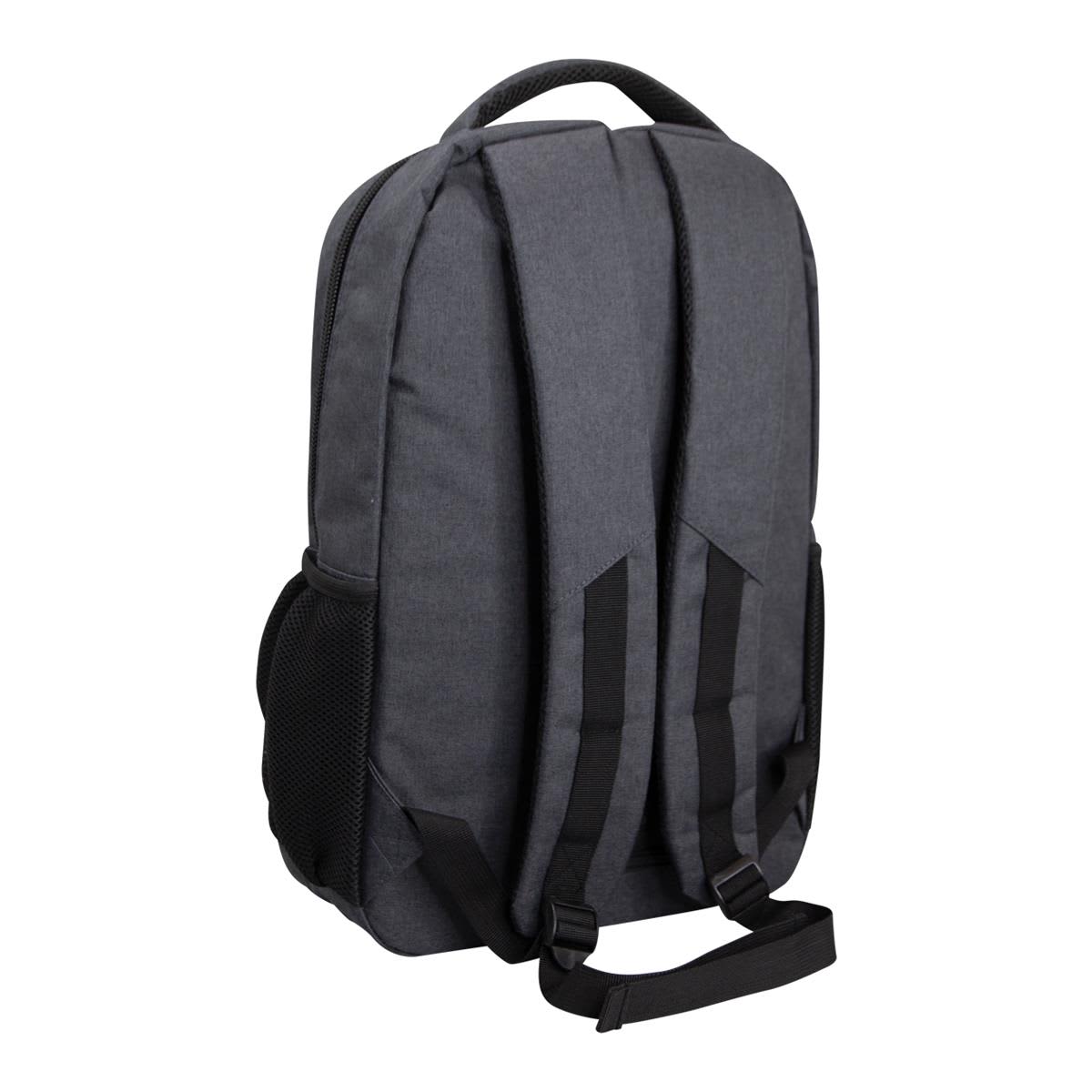 A grey laptop backpack featuring padded straps and side mesh pockets. It has a sleek and modern design.
