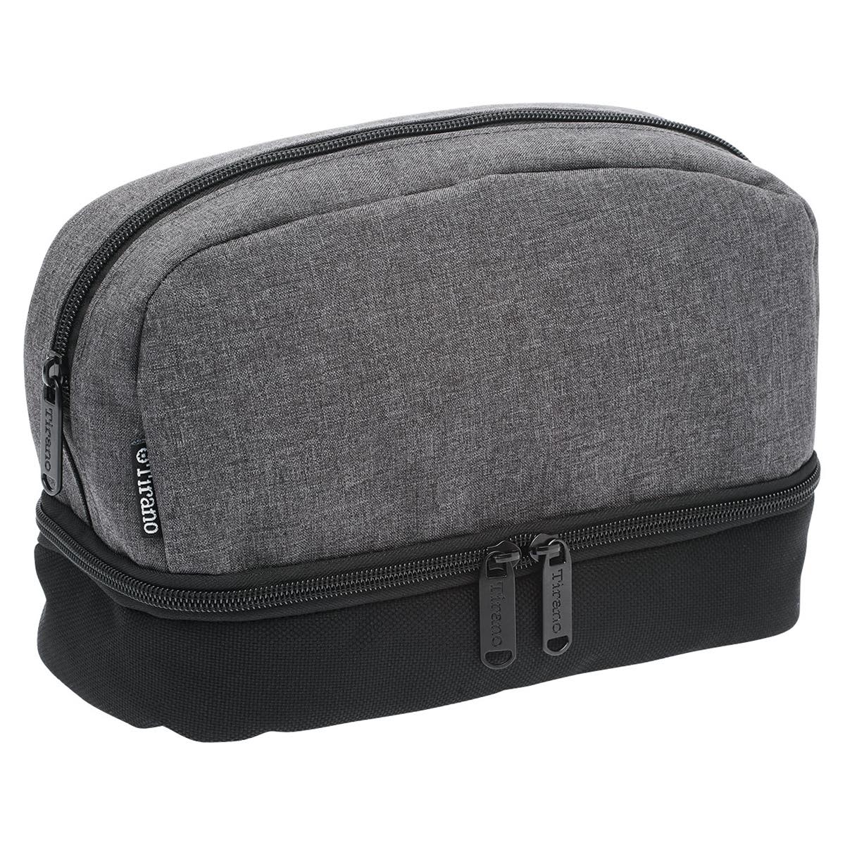 A grey and black toiletry bag with a rounded top and dual zip closures, featuring a logo.