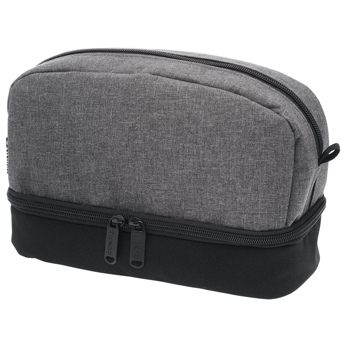 A grey and black toiletry bag featuring dual zippers and a sleek design, with a branding logo.