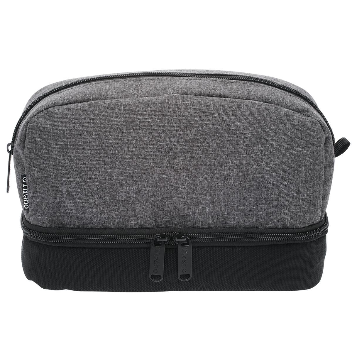A grey and black toiletry bag with a zippered closure and a logo on the side.