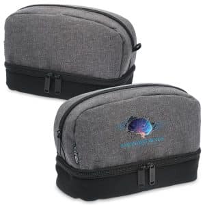 A grey toiletry bag with a black base, featuring a logo on the front. It has dual zip compartments.
