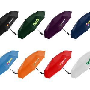 A collection of Como Fold-Up Umbrellas in black, green, purple, navy, orange, and white, featuring various logos.