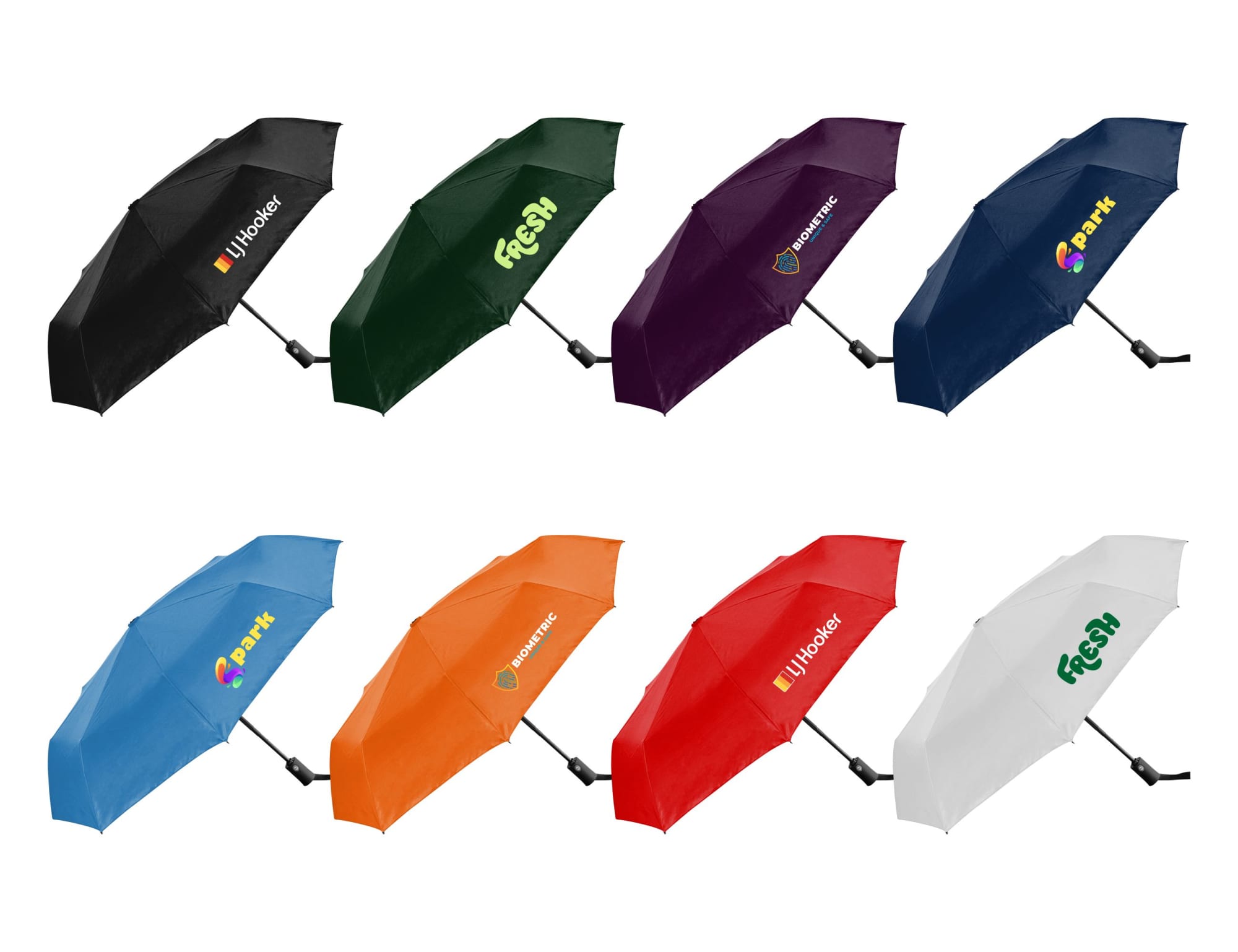 A collection of Como Fold-Up Umbrellas in black, green, purple, navy, orange, and white, featuring various logos.