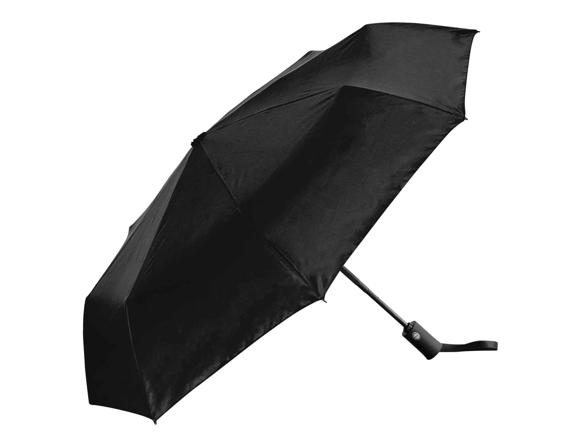 A black fold-up umbrella featuring a sleek design and a handle with a logo.