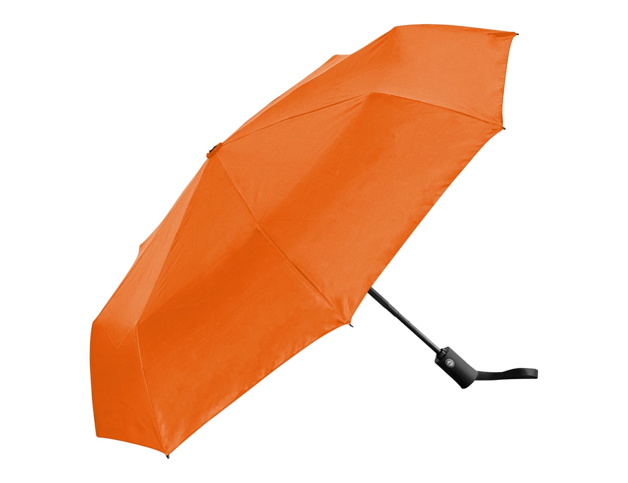 An orange fold-up umbrella with a black handle and a logo on the shaft.
