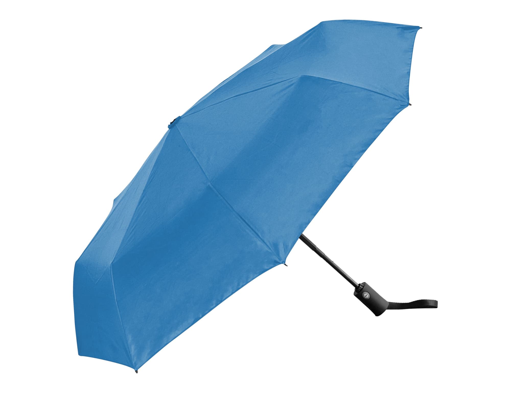 A blue fold-up umbrella features a black handle and a sleek design, ideal for portable use.