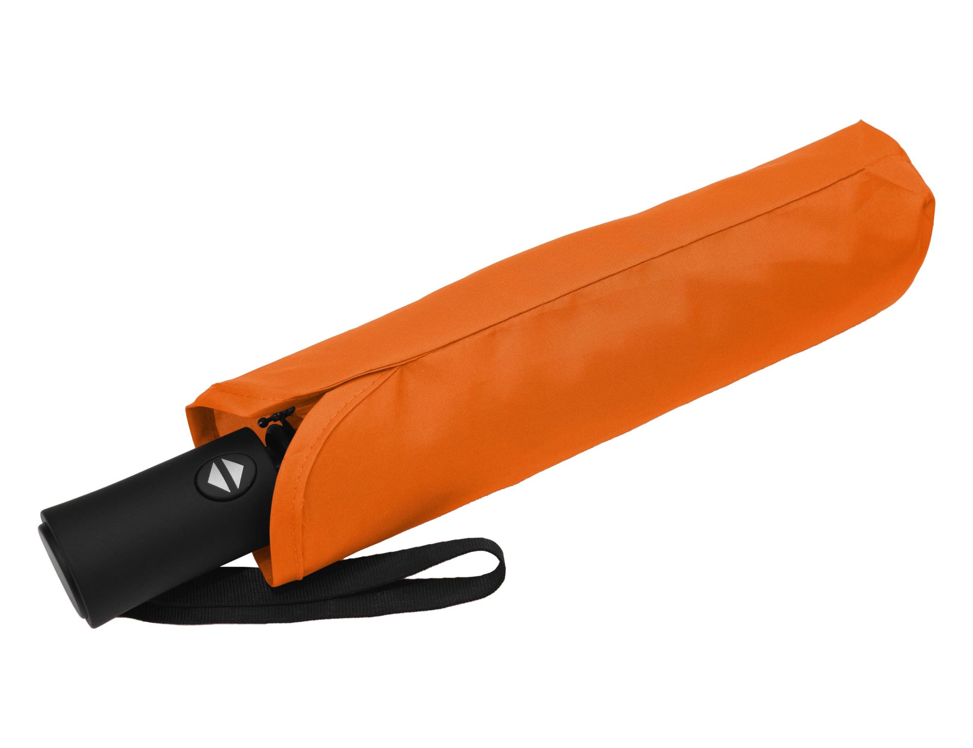 A black fold-up umbrella placed inside an orange sleeve with a carrying strap.