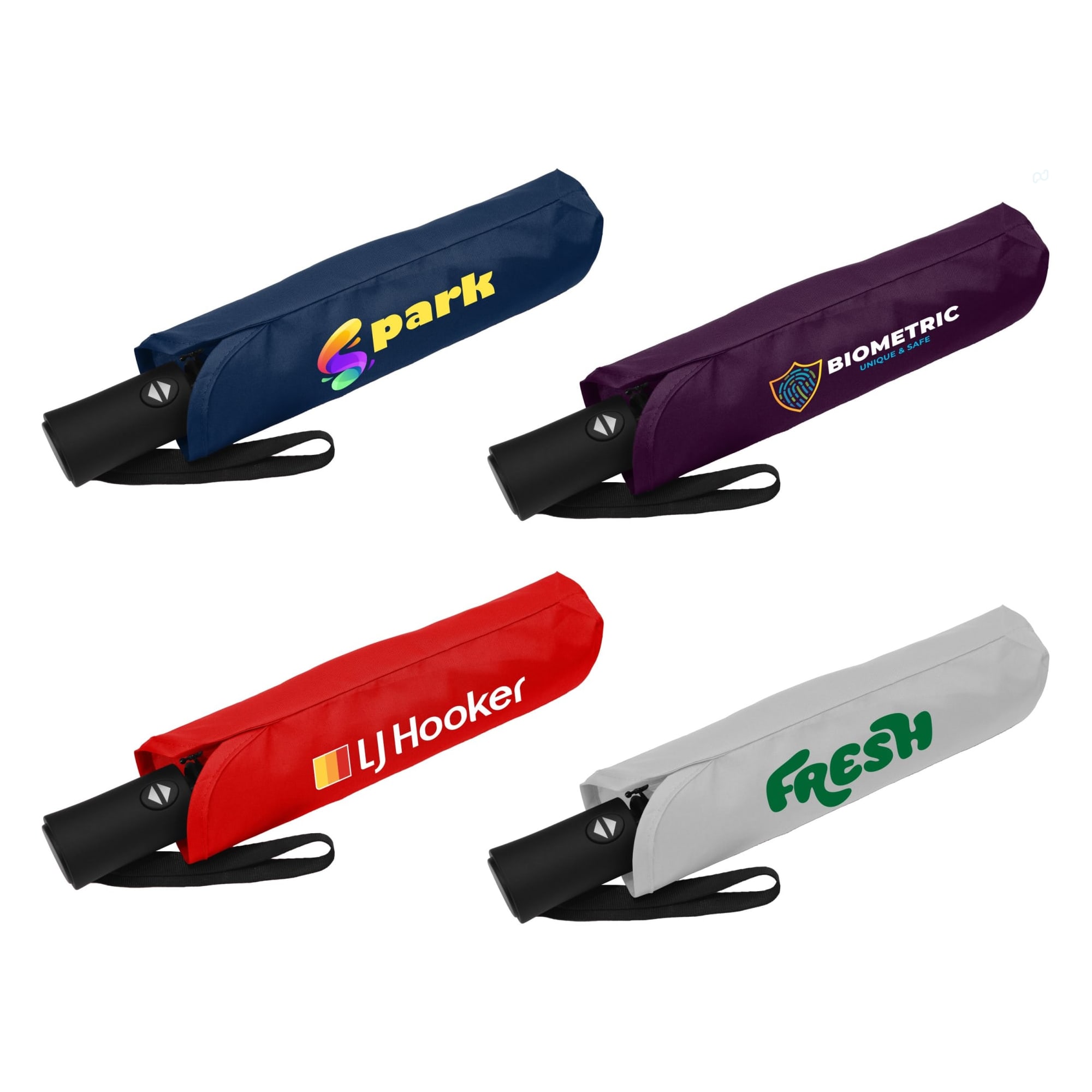 A collection of four folded umbrellas in navy, purple, red, and grey, each with a logo.