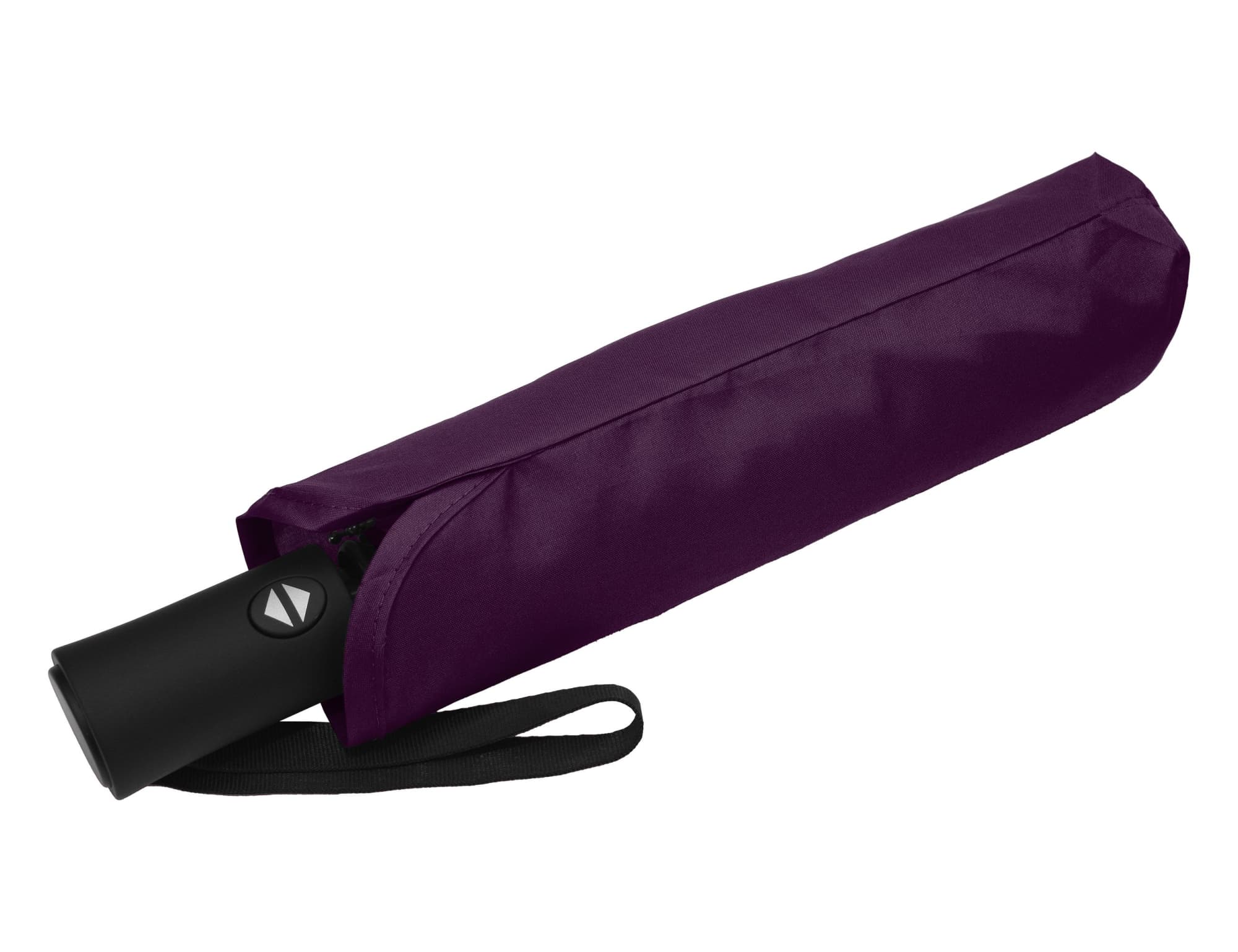 A purple fold-up umbrella with a black handle, housed in a matching protective sleeve. It features a carrying strap.