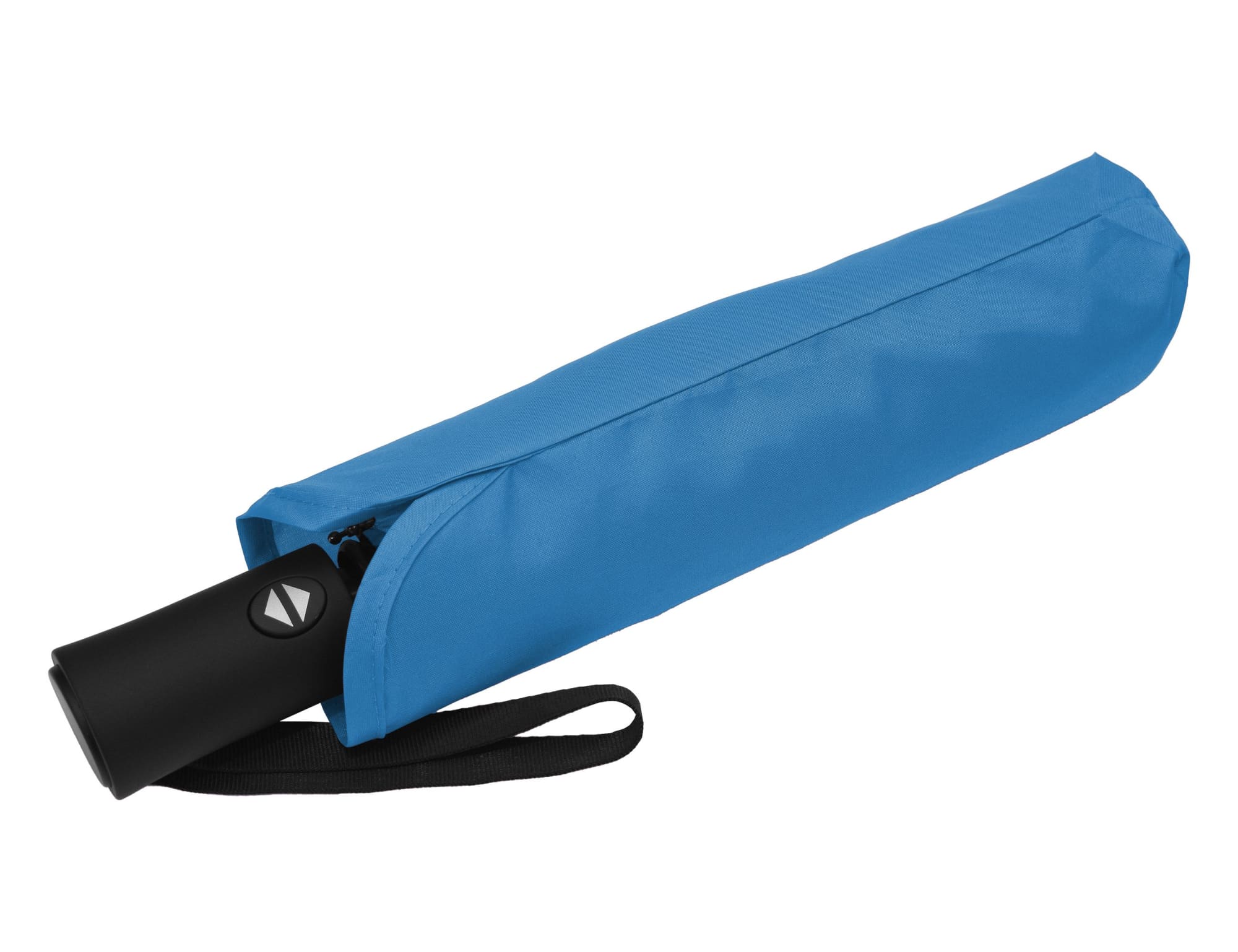 A blue fold-up umbrella in its matching cover, featuring a black handle and a logo.