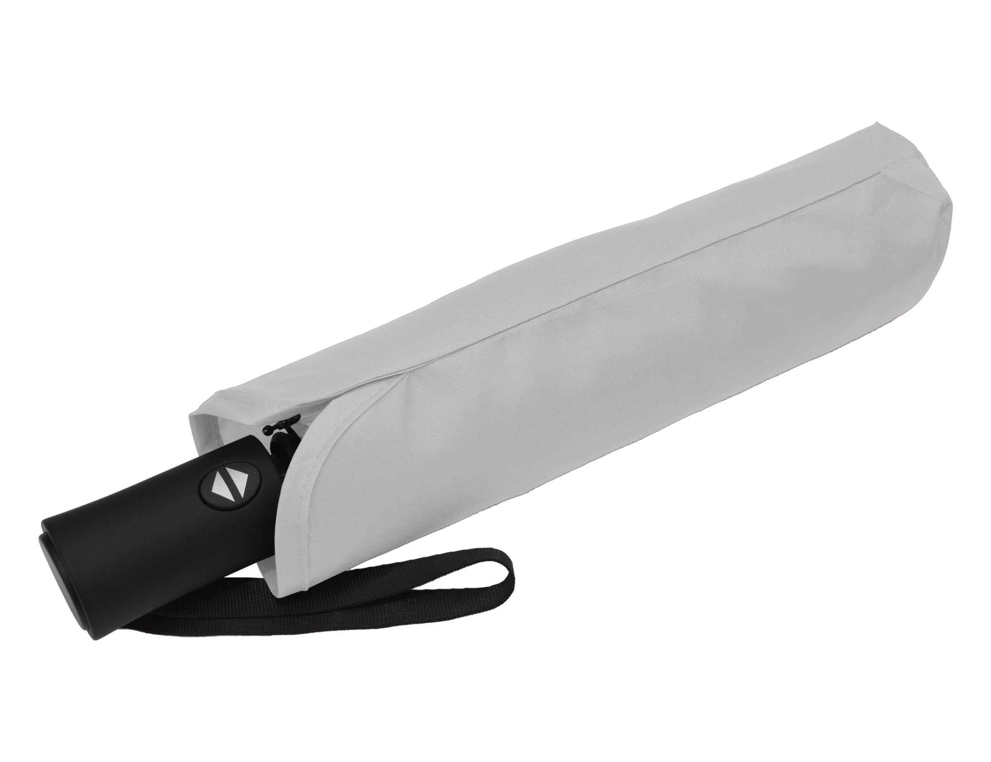 A folded black umbrella in a grey carrying sleeve with a strap, featuring a logo.