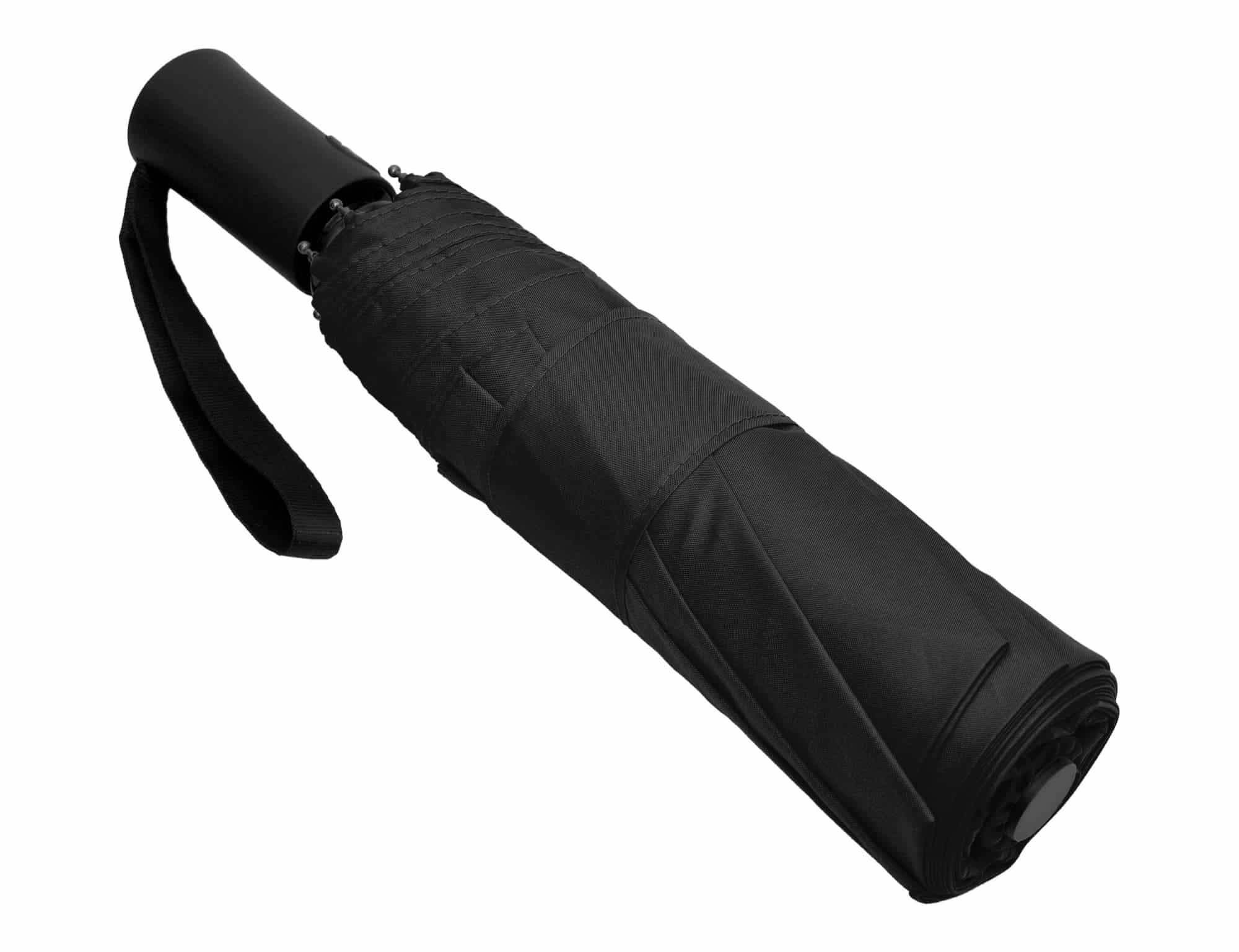 A black fold-up umbrella with a compact design, featuring a strap and a logo on the handle.
