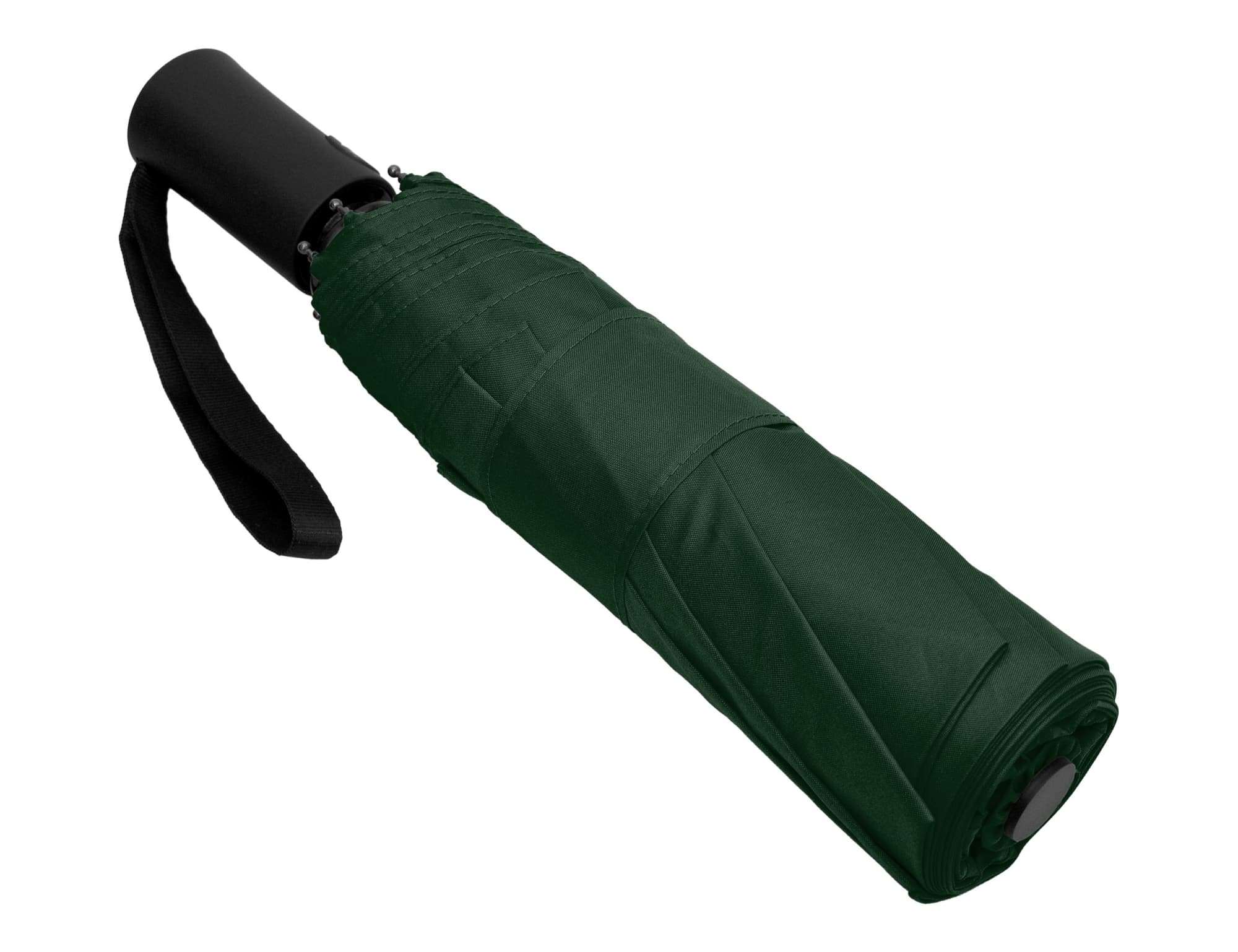A green Como Fold-Up Umbrella, neatly folded with a black handle and strap. It features a logo on the surface.