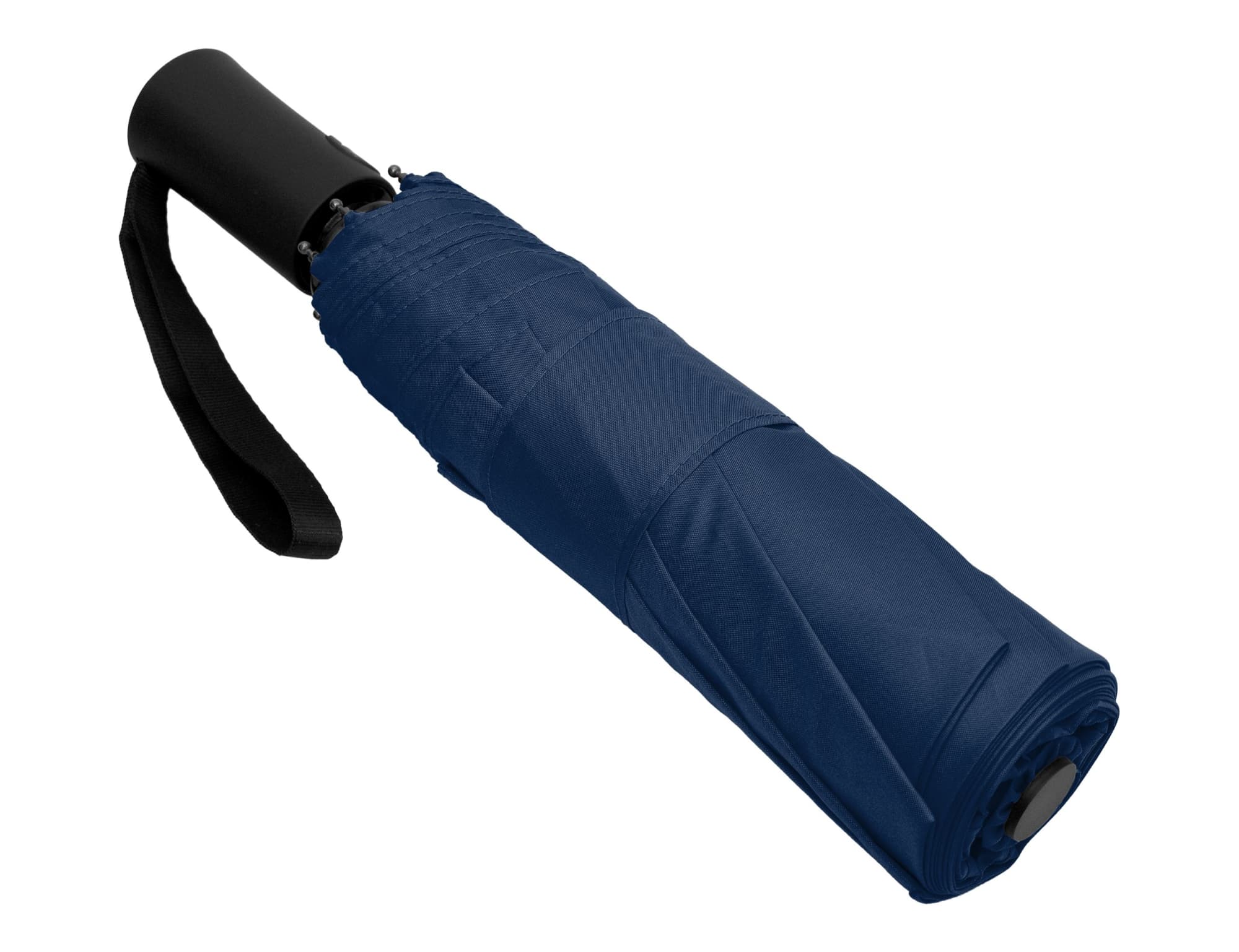 A navy fold-up umbrella with a black handle and a strap for easy carrying. It features a logo on the handle.