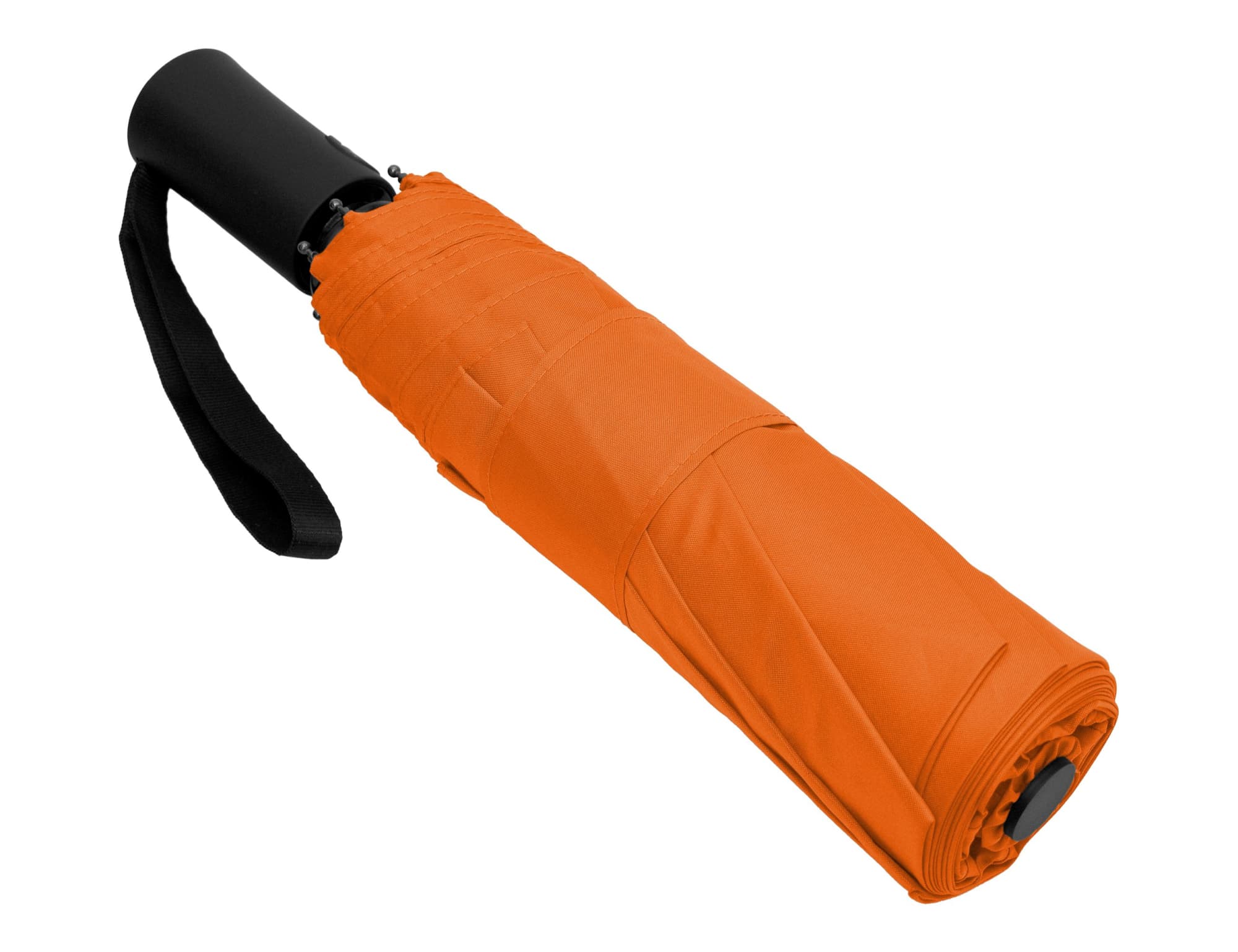 An orange fold-up umbrella with a black handle and strap, securely closed and compact for easy carrying.