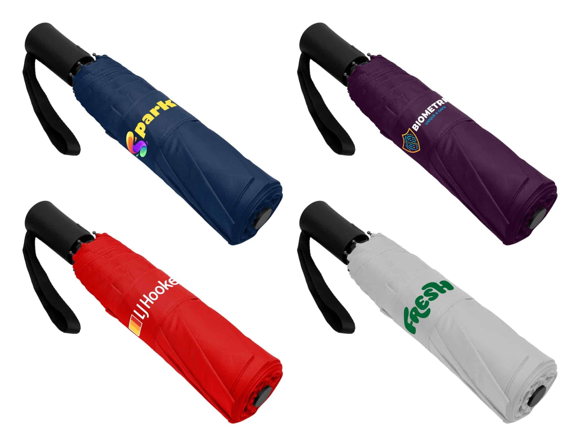 A collection of fold-up umbrellas in red, navy, purple, and white, each featuring different logos.