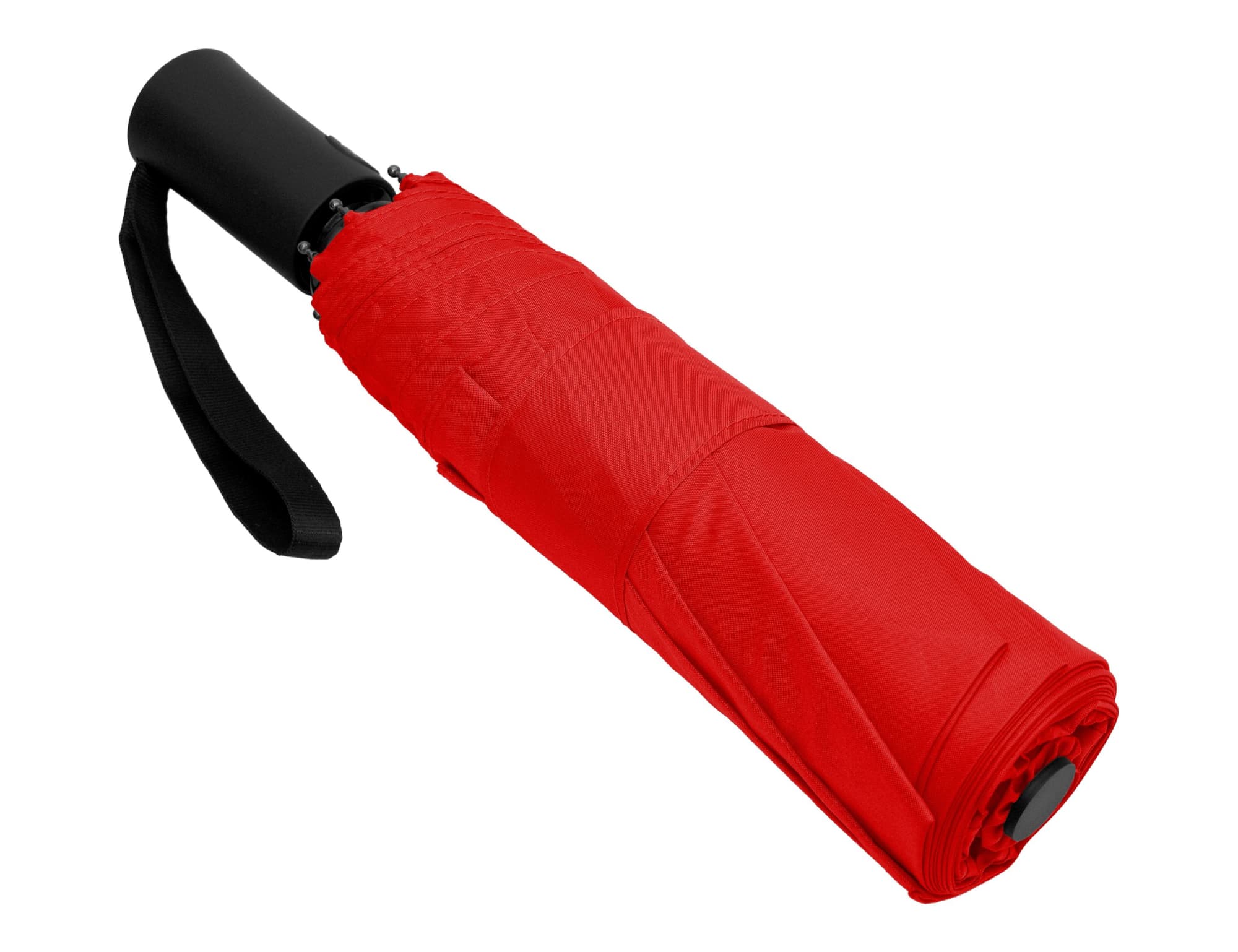 A red fold-up umbrella with a black handle and strap, closed and compact. It features a branding logo.
