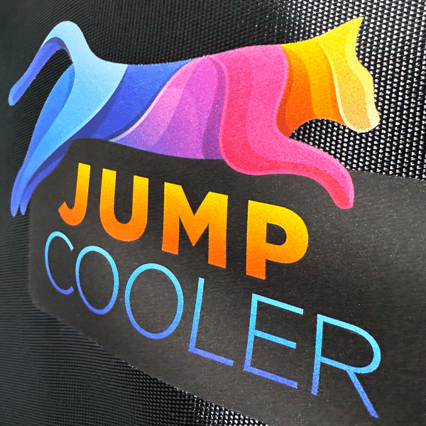 SupaDTF full-colour print of a rainbow leaping cat and "Jump Cooler" text on textured black cooler fabric, showcasing soft-touch yet vibrant decoration.