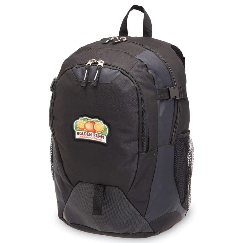 Black backpack featuring a patch that says “Golden Farm Fresh Organic Oranges,” combining functionality with promotional best branded merchandise.