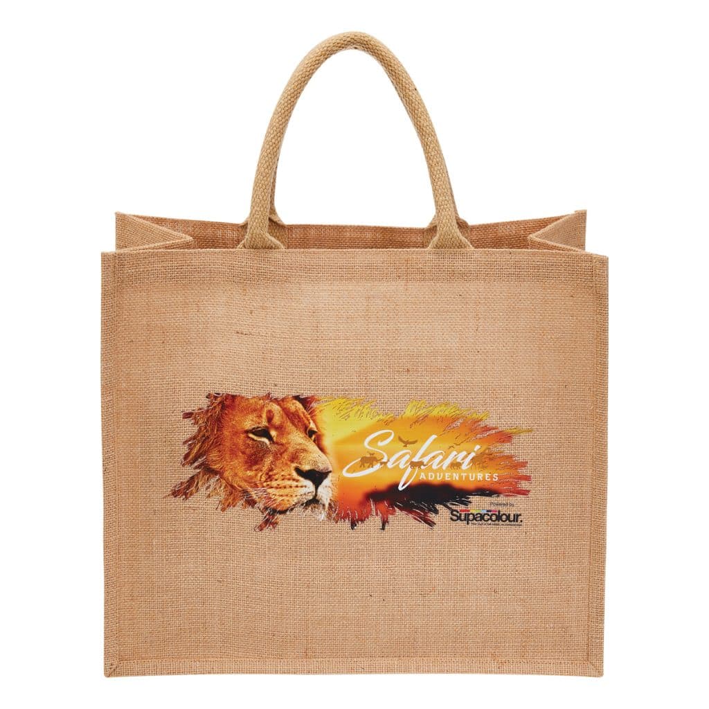 Natural jute tote bag with lion and Safari Adventures logo in full-colour SupaColour print, highlighting best branded merchandise for tourism and events.