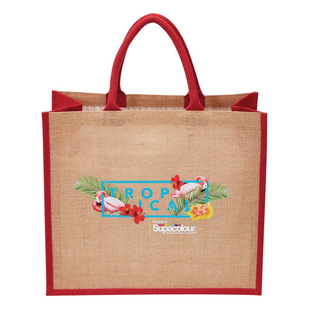 Eco jute bag with red handles and full-colour tropical flamingo print, featuring best branded merchandise for retail and lifestyle branding.
