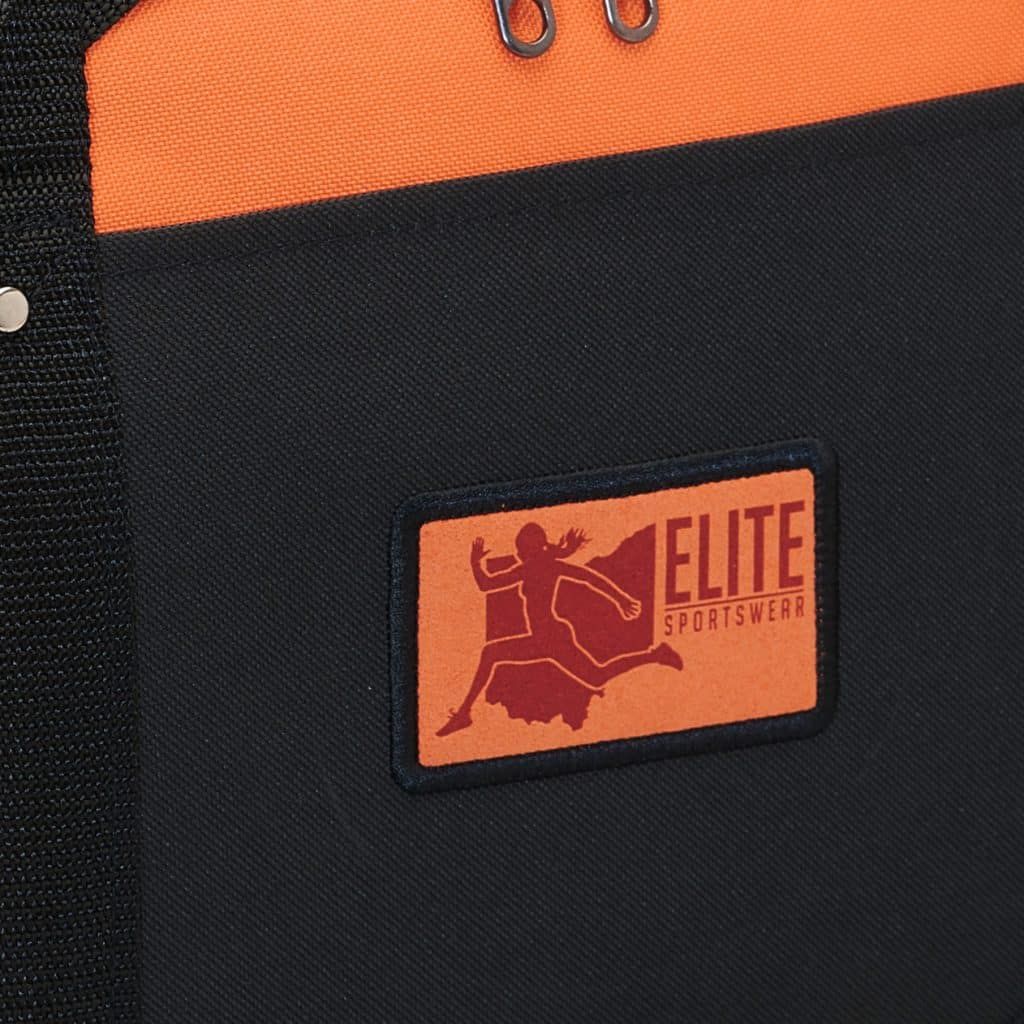 Orange and black sports bag with SupaEtch patch featuring a runner and Elite Sportswear branding.