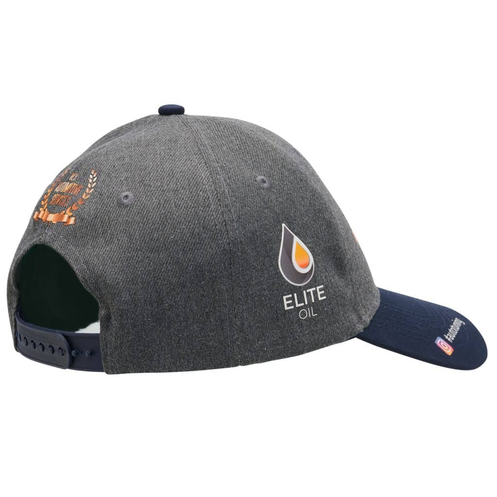 Side view of grey and navy cap with SupaColour decoration and Elite Oil branding, representing best branded merchandise in headwear.
