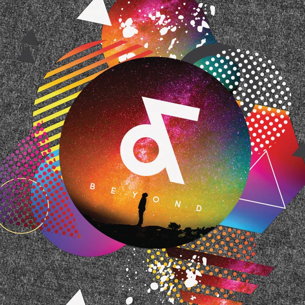 Close-up of vibrant SupaColour design with abstract geometric shapes and galaxy background, ideal for best branded merchandise with visual impact.