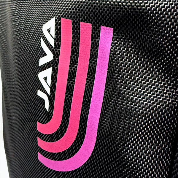 Black cooler bag with pink-to-purple SupaDTF printed “JAVA” branding in vertical stripes, demonstrating vibrant colour gradation on slick textured material.