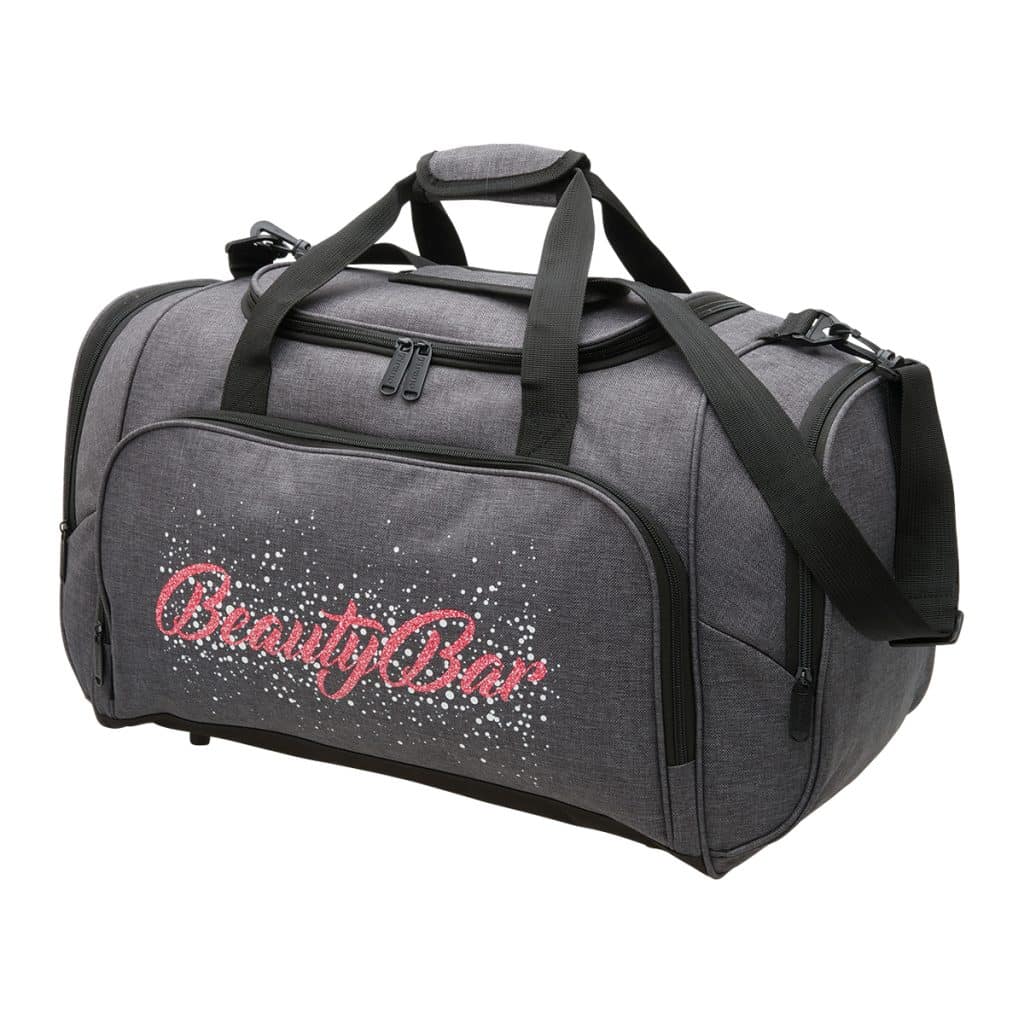 Charcoal duffle bag with Beauty Bar logo in pink and white SupaColour print, demonstrating best branded merchandise for salons and fitness brands.