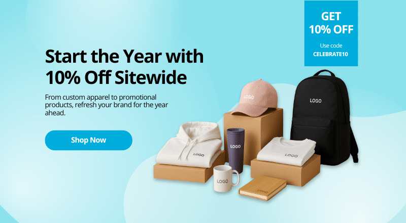 Promotional website banner featuring branded hoodie, T-shirt, drinkware, mug, notebook, cap, and backpack with text offering 10% off all merch using code CELEBRATE10.