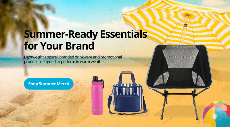 Beach scene with summer promotional items including striped umbrella, cooler bag, pink drink bottle, and camp chair, promoting summer-ready branded merch.