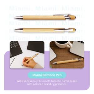 Bamboo promotional pen with silver accents shown in multiple angles and real-use settings, highlighting eco-friendly branded pens for corporate giveaways.