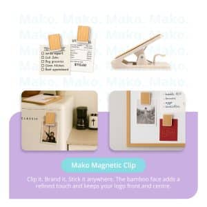 Bamboo magnetic clip holding notes and photos on various surfaces, showcasing practical eco-friendly branded office accessories for everyday use.