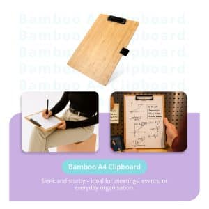 Bamboo A4 clipboard used for writing and organising documents, representing sustainable branded office supplies for meetings and events.