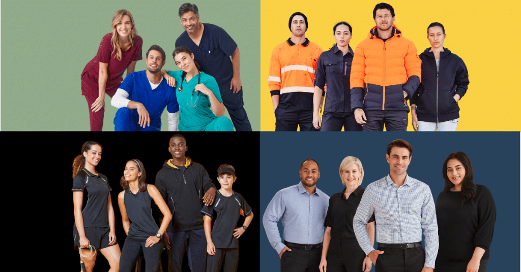 Collage of professionals wearing different workplace uniforms including healthcare scrubs, high-visibility construction workwear, sports team apparel, and corporate business uniforms representing diverse industries.
