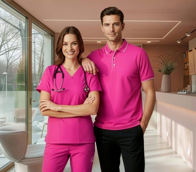 Healthcare professionals in pink scrubs and polo uniform standing in a modern clinic reception area.