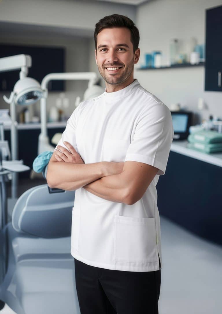 Dental professional wearing clinical uniform standing in a modern dental treatment room.
