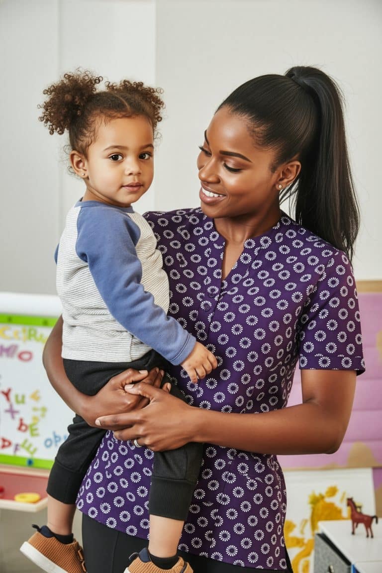 Childcare educator holding a toddler in an early learning centre while wearing patterned Biz Care scrubs.