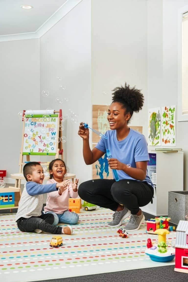 Early learning educator blowing bubbles while engaging children in a playful classroom activity.